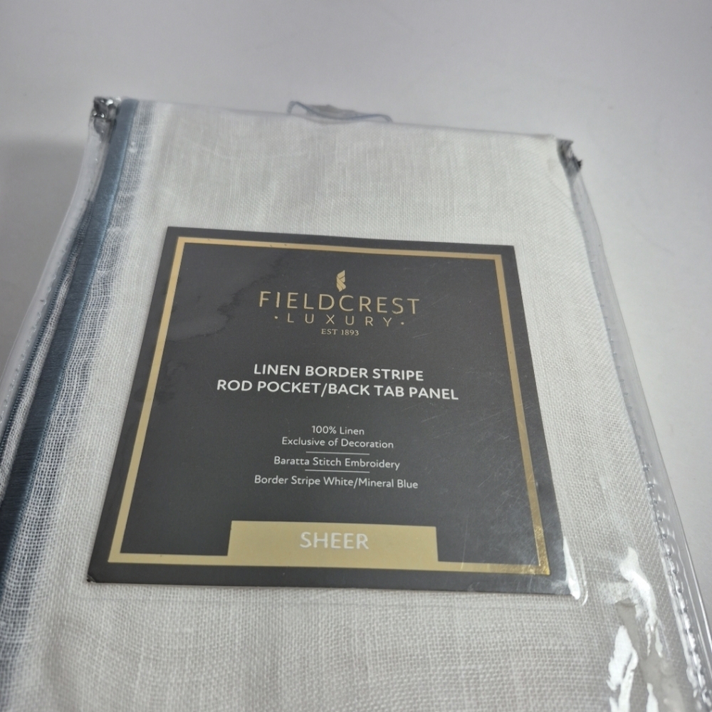 Fieldcrest Luxury Linen Border Stripe 50"x108"  Rod Pocket/Back Tab Panel Sheer